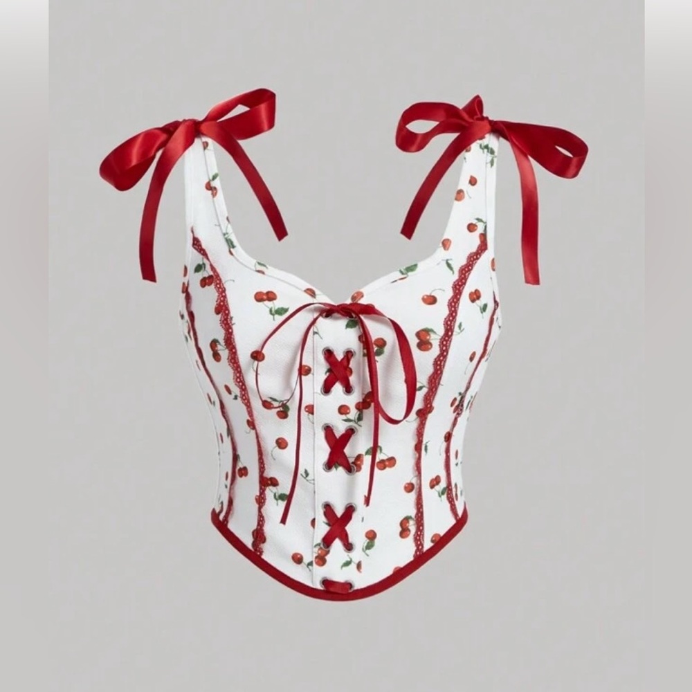 S Cherry Corset Top with Ribbon